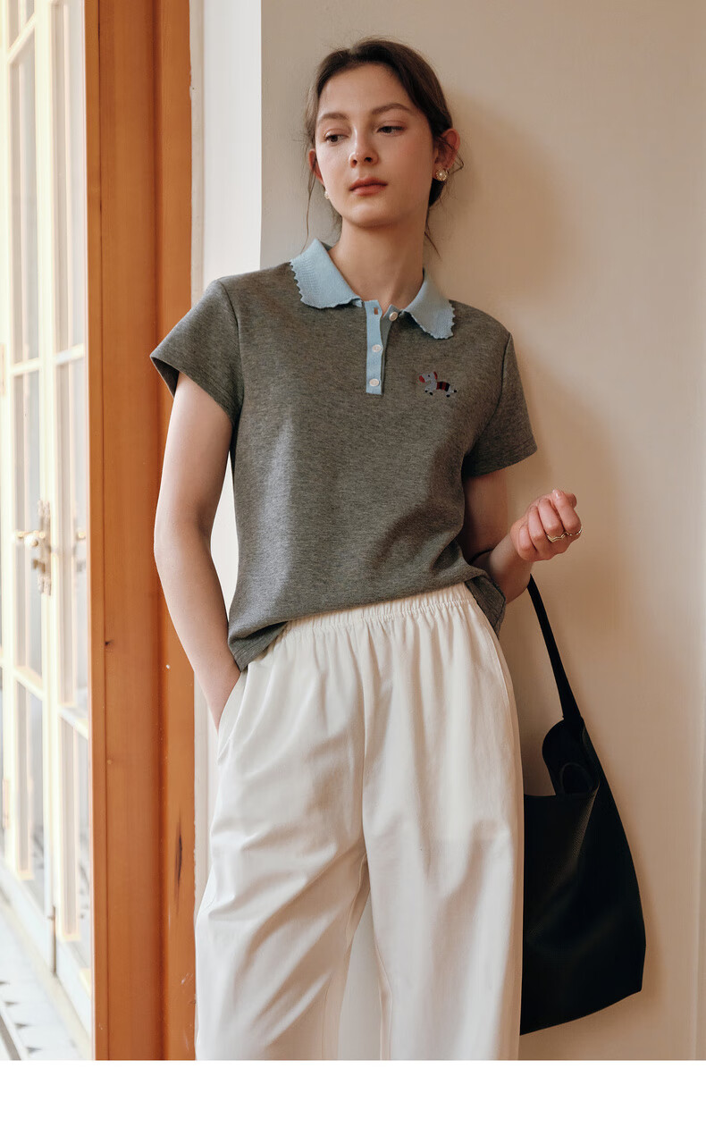 Olrain Colorblock Wave Edge Polo Collar Design T-Shirt Women Summer Short Sleeve Top Gray XL 16