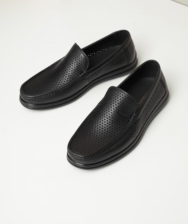C.BANNER First Layer Cowhide Summer Perforated Breathable Men's Plain Business Casual Loafers Black Size 43 5