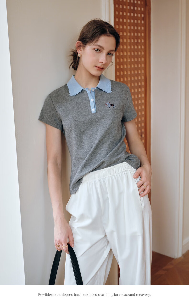 Olrain Colorblock Wave Edge Polo Collar Design T-Shirt Women Summer Short Sleeve Top Gray XL 13