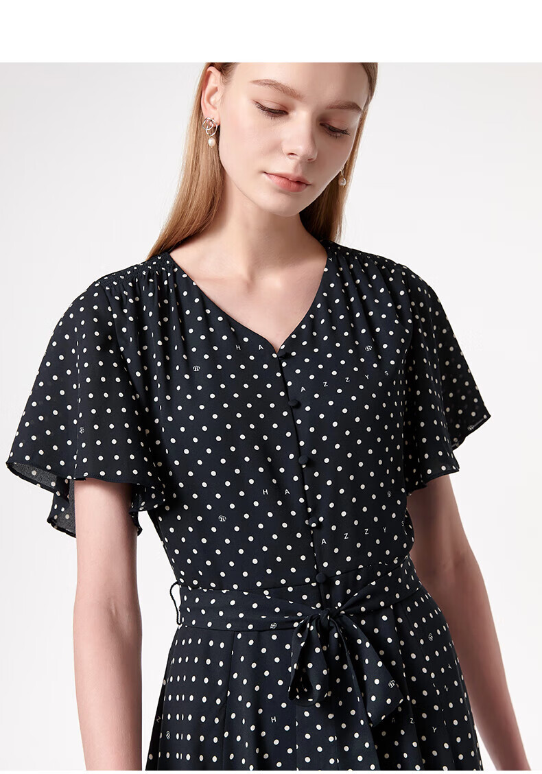 HAZZYS Women's Clothing, Summer PHIZ Anti-Static Wave Dot Print V-Neck Dress for Women, Navy Blue, Size S 6