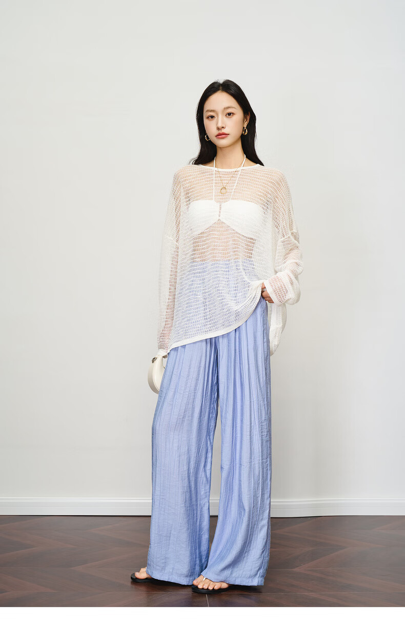 Olrain Women's Loose Lazy Straight-Leg Pants Summer Elastic Waist Casual Pleated Wide-Leg Pants Purple M 24