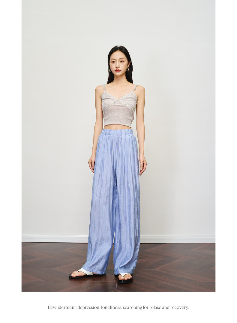 Olrain Women's Loose Lazy Straight-Leg Pants Summer Elastic Waist Casual Pleated Wide-Leg Pants Purple M 23