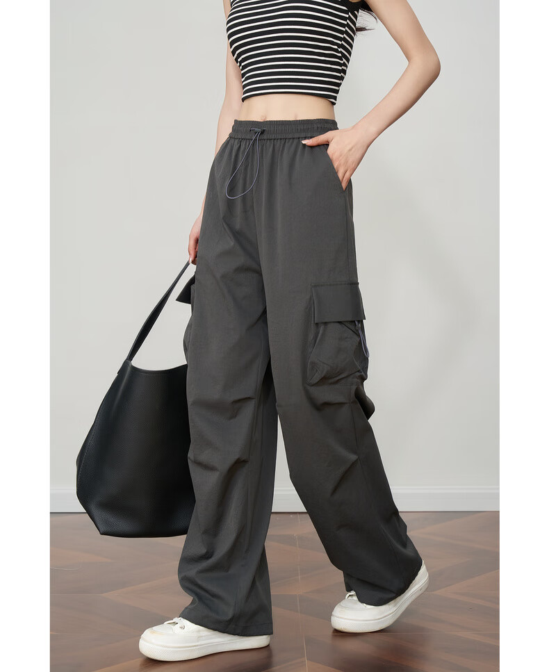 Olrain Women's Gray American Casual Workwear Pants Summer Vintage Sports High-Waist Trousers Gray XL 22