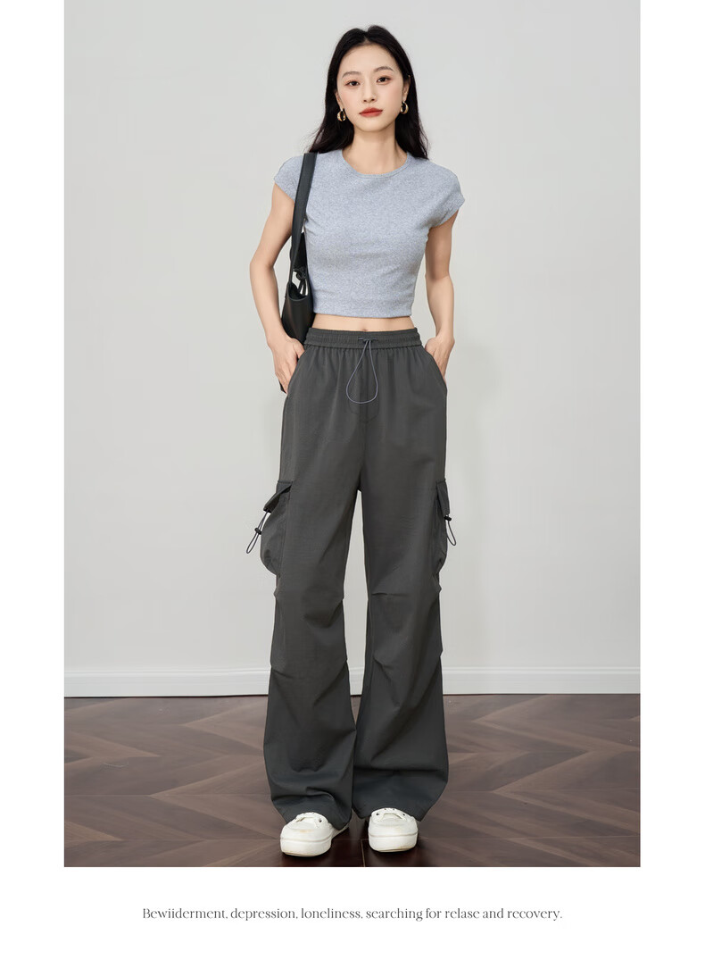 Olrain Women's Gray American Casual Workwear Pants Summer Vintage Sports High-Waist Trousers Gray XL 23