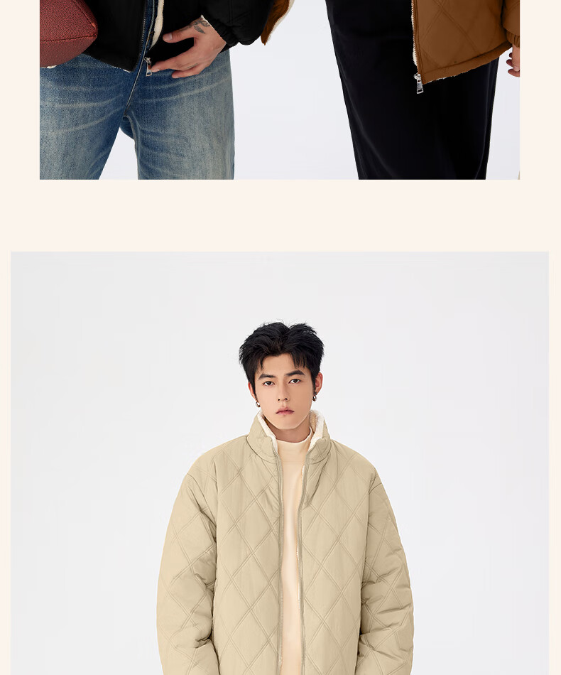 MINISO Men's Winter Warm Cotton Padded Jacket Thickened Fleece Diamond Pattern Casual Stand Collar Coat Black L 4
