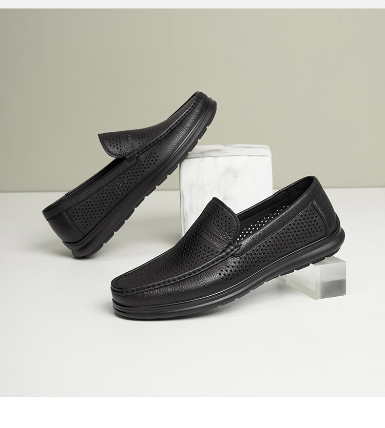 C.BANNER First Layer Cowhide Summer Perforated Breathable Men's Plain Business Casual Loafers Black Size 43 4