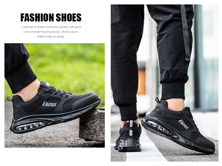 SONTAS Men's Work Safety Shoes Ultra-Soft Air Cushion Shock Absorption Summer Breathable Anti-Smash Anti-Puncture Steel Plate Steel Toe Lightweight Black Mesh Size 43 6