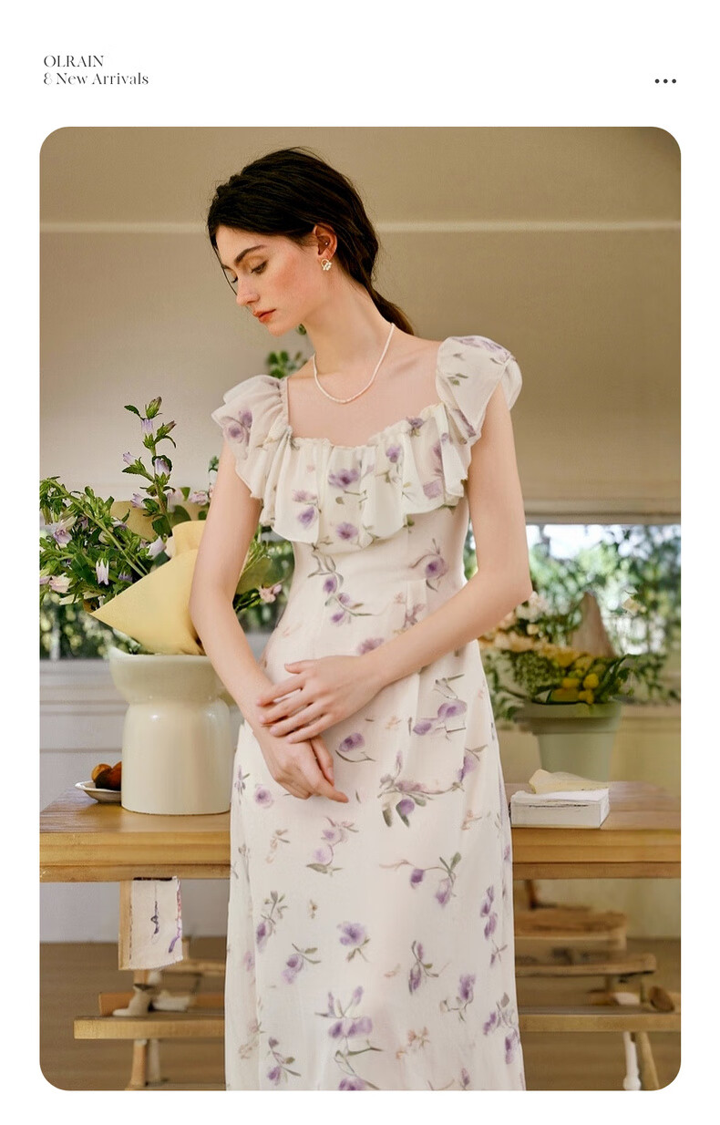 Olrain Purple Gentle French Style Dress Women Summer Square Neck Waist Slimming Long Dress Purple L 6
