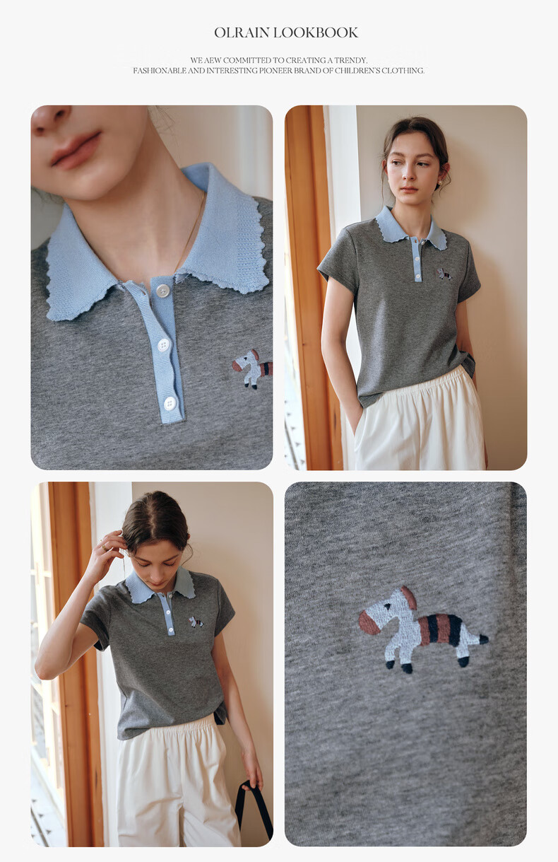Olrain Colorblock Wave Edge Polo Collar Design T-Shirt Women Summer Short Sleeve Top Gray XL 10