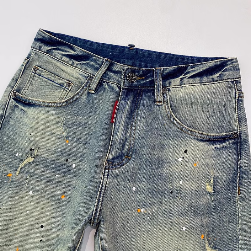 Ink-splashing Denim Shorts Men's Summer American Retro Ripped Beggar Five-point Pants Loose Straight Slim Trendy Pants, Blue 28_mkmklike.com