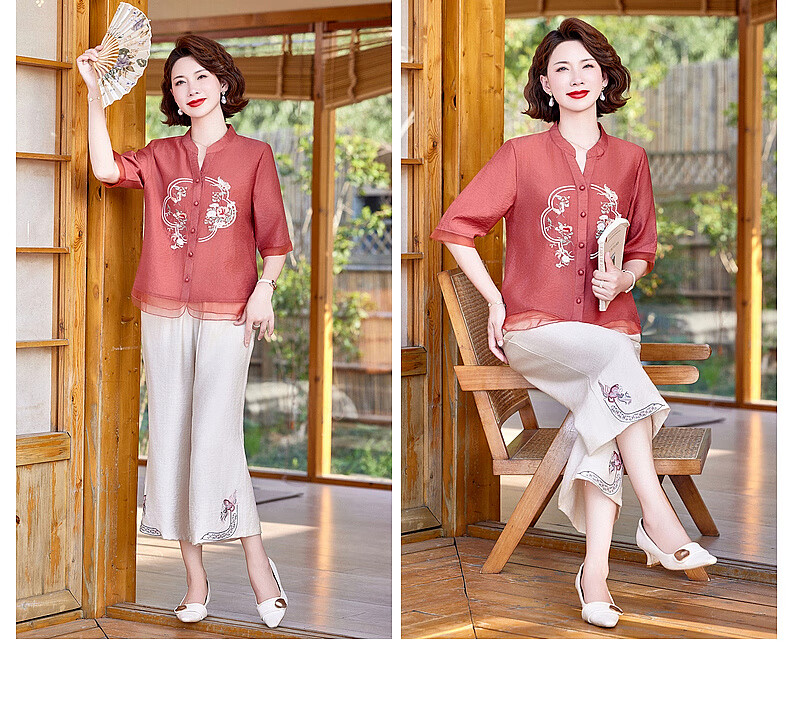 Hodo New Chinese Style Summer Shirt Set for Moms 2026 New 50-60 Years Old Middle-aged and Elderly Women's Two-piece Top Set 18