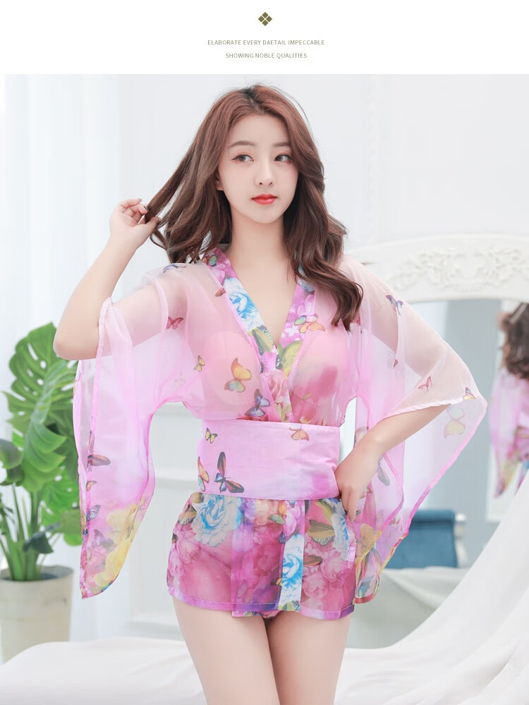 情趣内衣角色扮演服新款日式和服网纱轻透深v露胸睡袍女性开襟睡袍丁字裤情趣二件套hq8339黑色均码