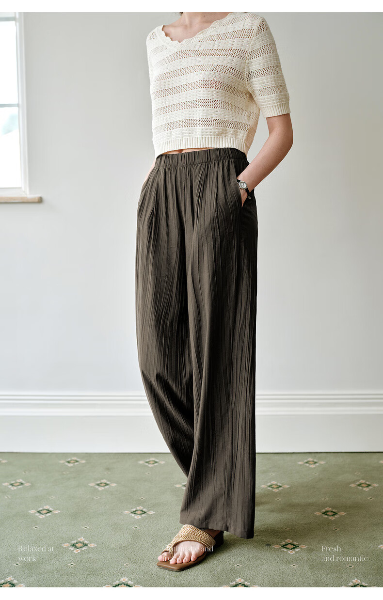 Olrain Women's Loose Lazy Straight-Leg Pants Summer Elastic Waist Casual Pleated Wide-Leg Pants Purple M 2