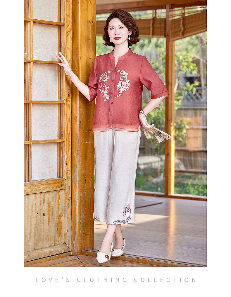 Hodo New Chinese Style Summer Shirt Set for Moms 2026 New 50-60 Years Old Middle-aged and Elderly Women's Two-piece Top Set 17