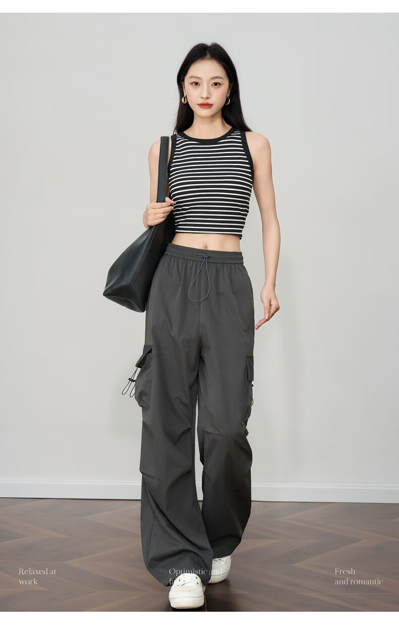 Olrain Women's Gray American Casual Workwear Pants Summer Vintage Sports High-Waist Trousers Gray XL 2