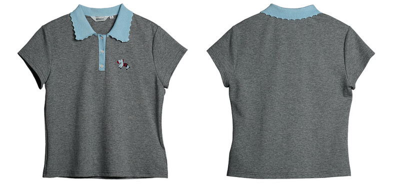 Olrain Colorblock Wave Edge Polo Collar Design T-Shirt Women Summer Short Sleeve Top Gray XL 25