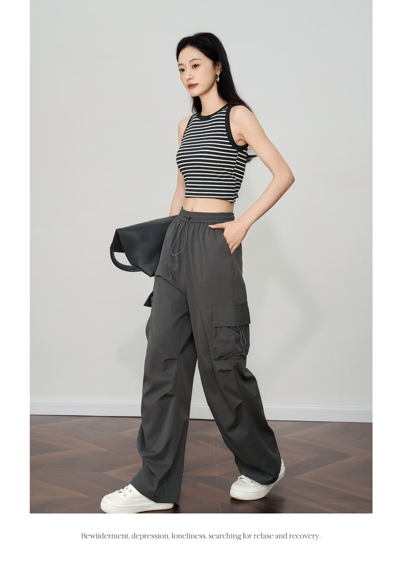 Olrain Women's Gray American Casual Workwear Pants Summer Vintage Sports High-Waist Trousers Gray XL 20
