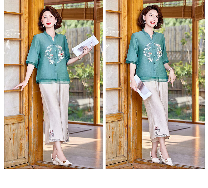 Hodo New Chinese Style Summer Shirt Set for Moms 2026 New 50-60 Years Old Middle-aged and Elderly Women's Two-piece Top Set 13
