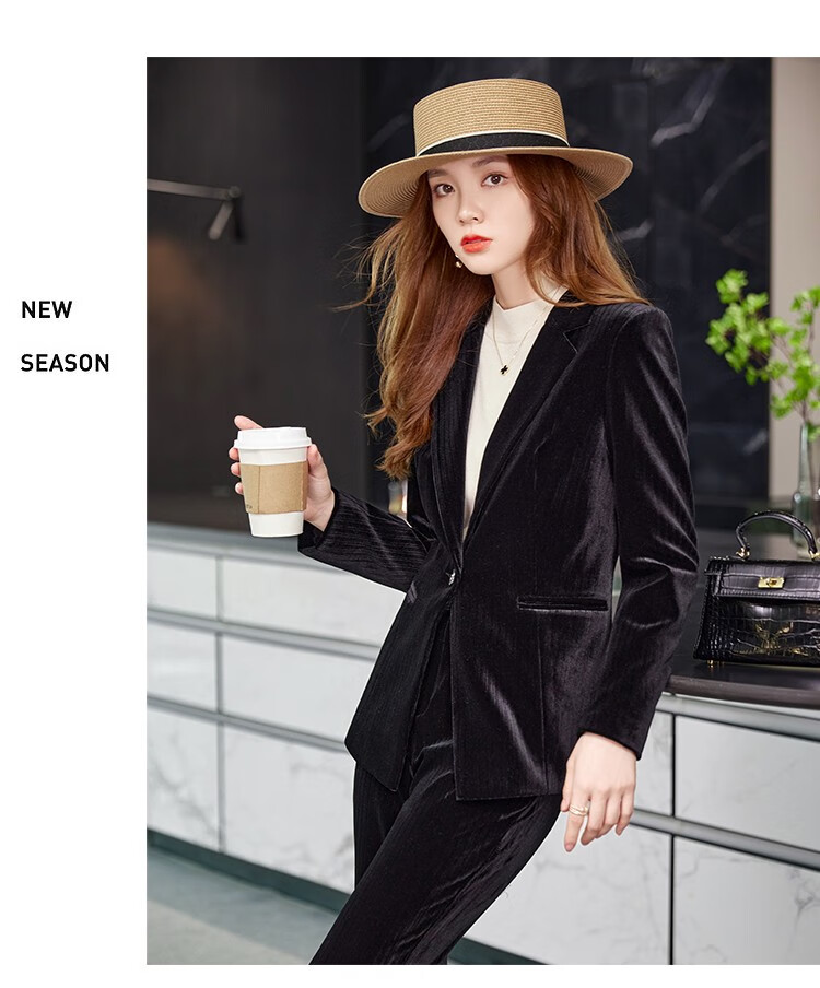 酒红色金丝绒西装外套女春秋时尚气质灯芯绒上衣秋冬高端西服套装