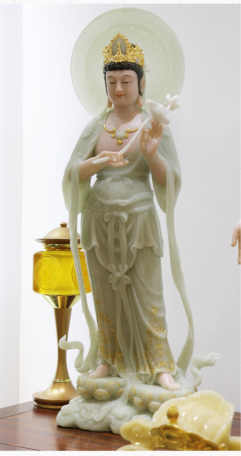 三漫陀汉白玉大势至菩萨像翠玉手工立体贴金庄严居家供奉佛像摆件 高