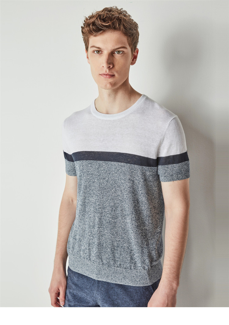 佐丹奴giordano男装针织衫天然麻棉拼色圆领针织短袖t恤