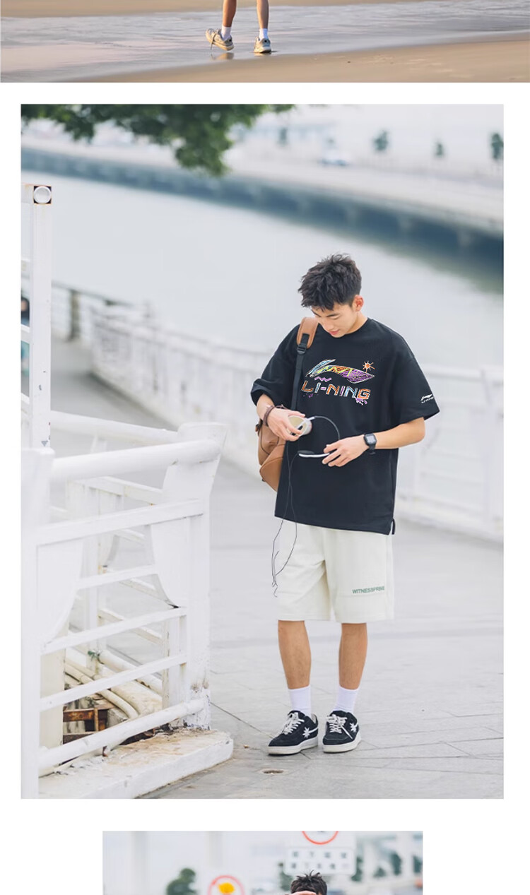Li-Ning Men's Short Sleeve T-Shirt Summer Loose Casual Large Logo Trendy Cotton Breathable Crew Neck Sports Top 11