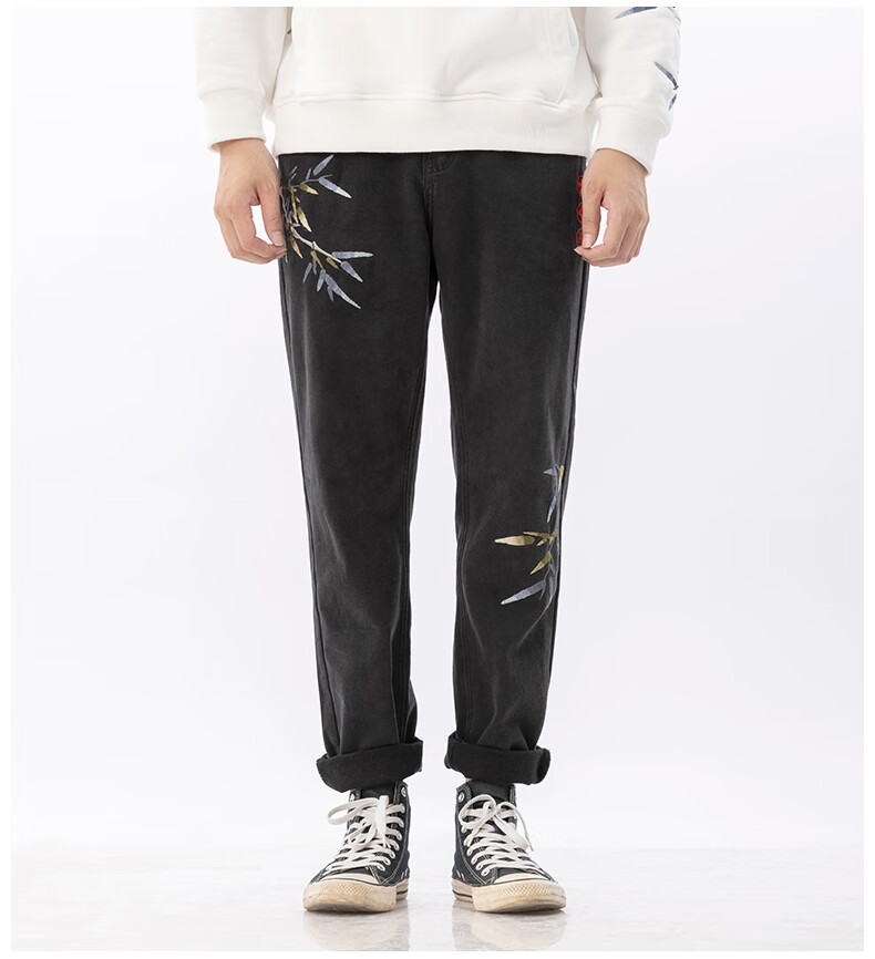 天龙致尊denon supreme牛仔裤男女潮牌秋冬季国潮金叶竹刺绣中国风