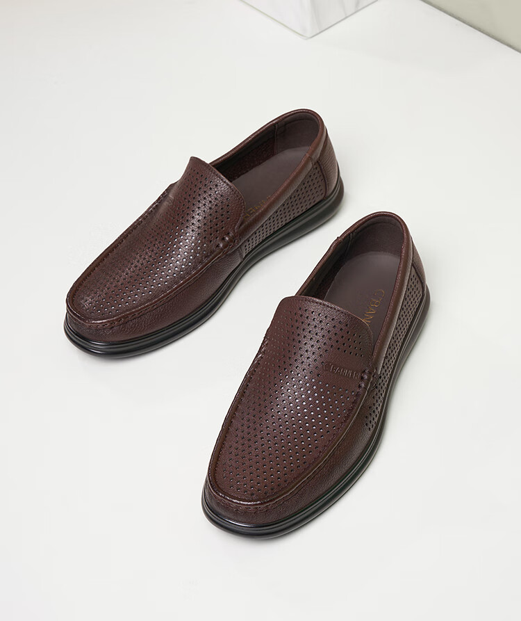 C.BANNER First Layer Cowhide Summer Perforated Breathable Men's Plain Business Casual Loafers Black Size 43 7