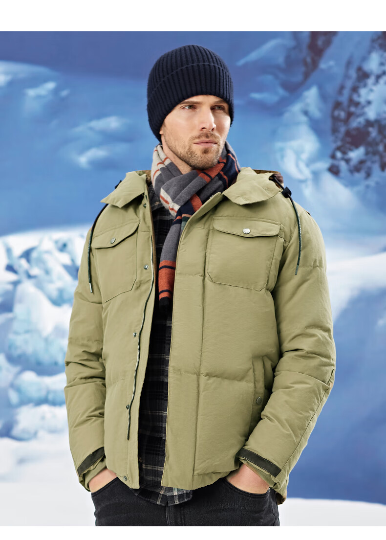 吉普男装jeep连帽羽绒服加厚白鸭绒内胆保暖吉普中年爸爸冬装黑色工装