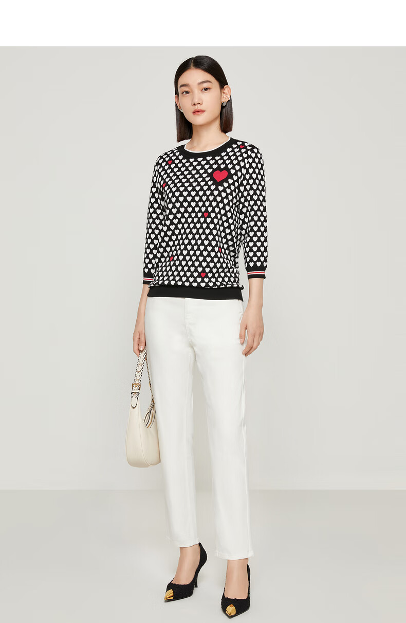 jz玖姿双色爱心提花针织衫女装2022秋季新款柔软保暖时尚撞色毛衫 花