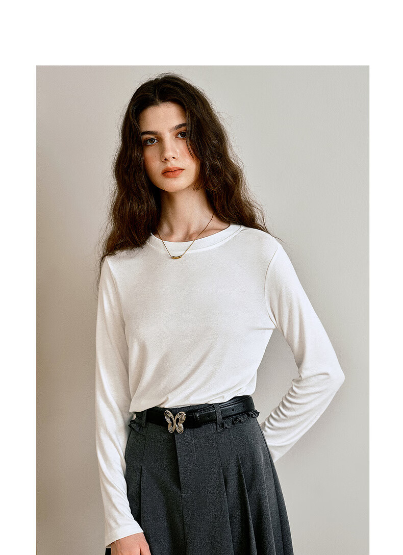 Oulain French Plain Color Basic Versatile Long-Sleeve T-Shirt, Autumn New Simple Fashion Top, Coffee Color, XL 10