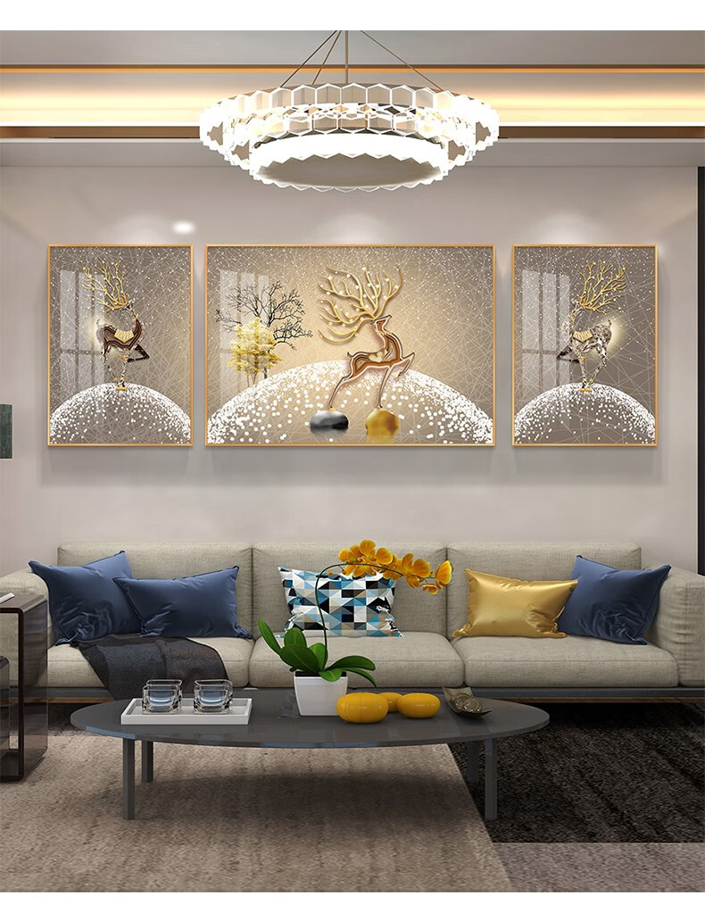 致屿晶瓷画轻奢客厅装饰画沙发背景墙三联画现代简约餐厅壁画麋鹿挂画