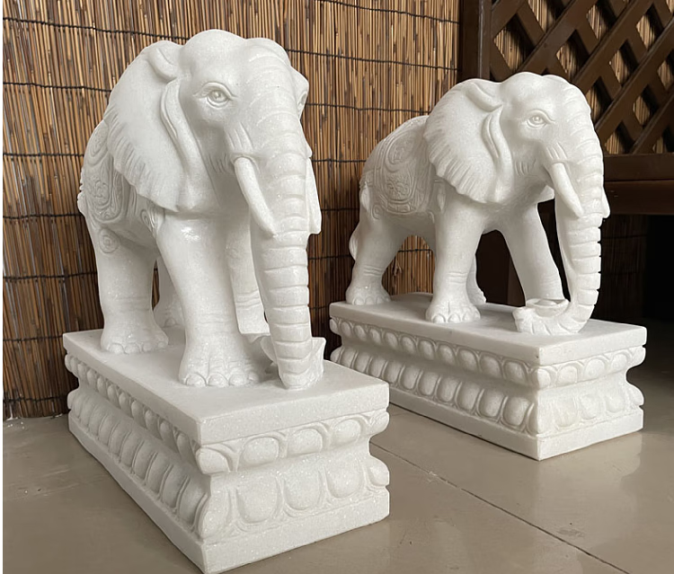 奥亚森 汉白玉石雕大象公司别墅门口象晚霞红石头大象母子象雕塑一对