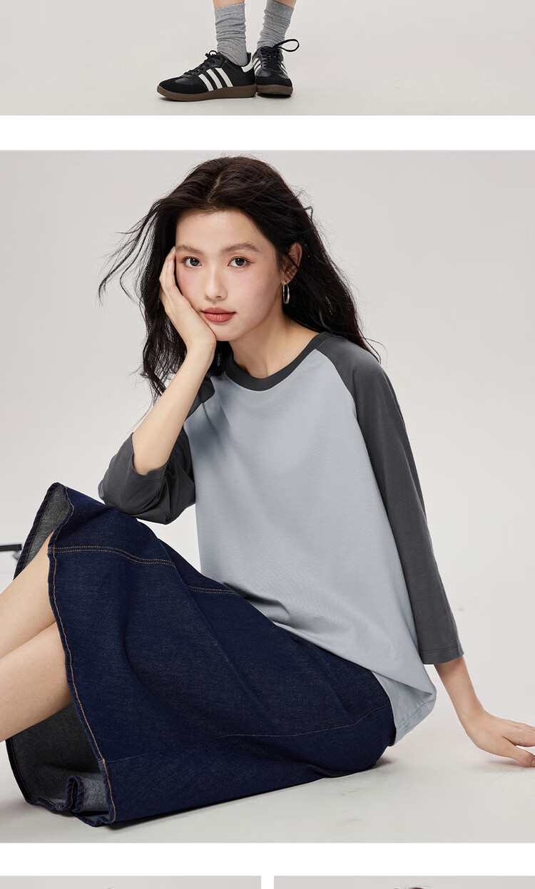 Giordano Women's Three-Quarter Sleeve T-Shirt, 2026 New Style, Pure Cotton, Contrasting Color Raglan Round Neck Casual Top, 05325788 9