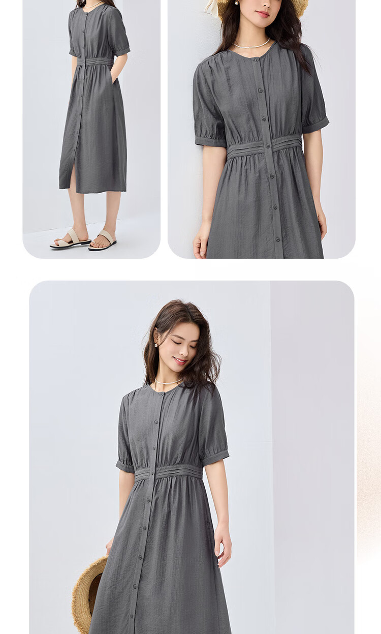 Giordano Women's Summer New Simple Artistic Style Dress with Pleated Trim, Round Neck Short Sleeve Dress 05465078 10