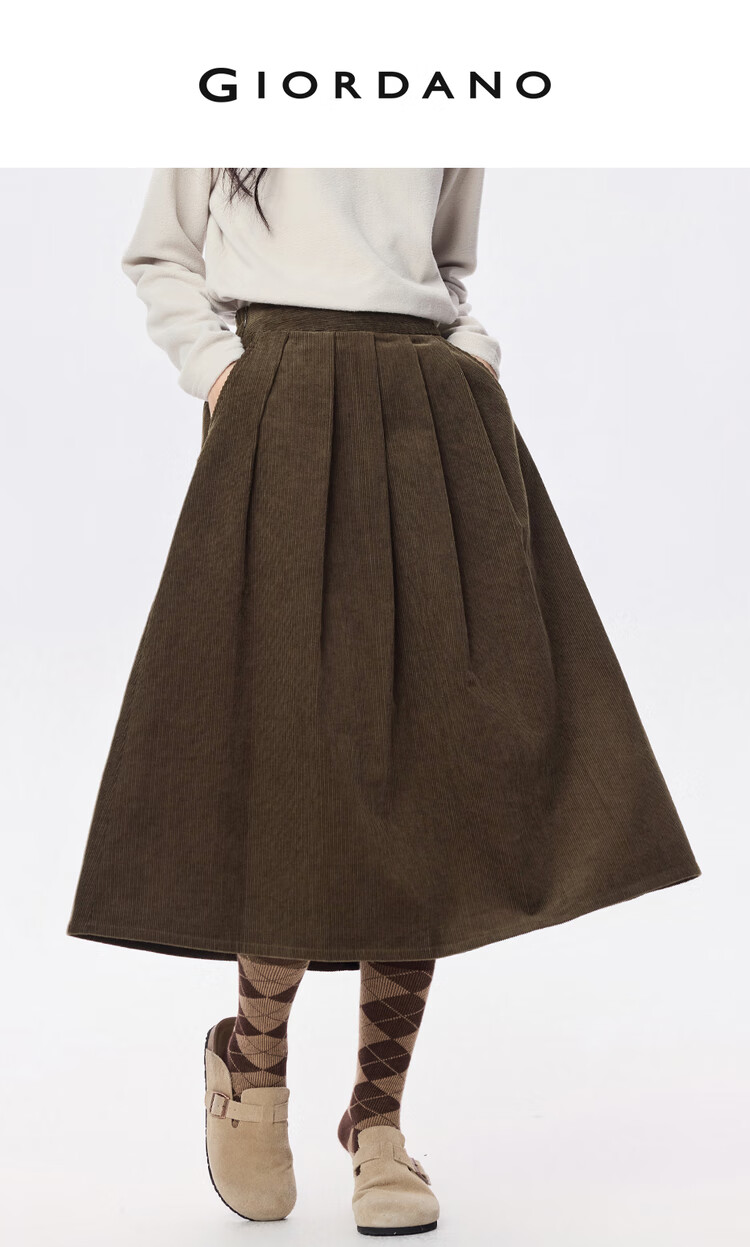Giordano Women's Corduroy Umbrella Skirt Autumn Winter Pure Cotton Semi-Elastic Waist A-Line Pleated Skirt 05465672 3