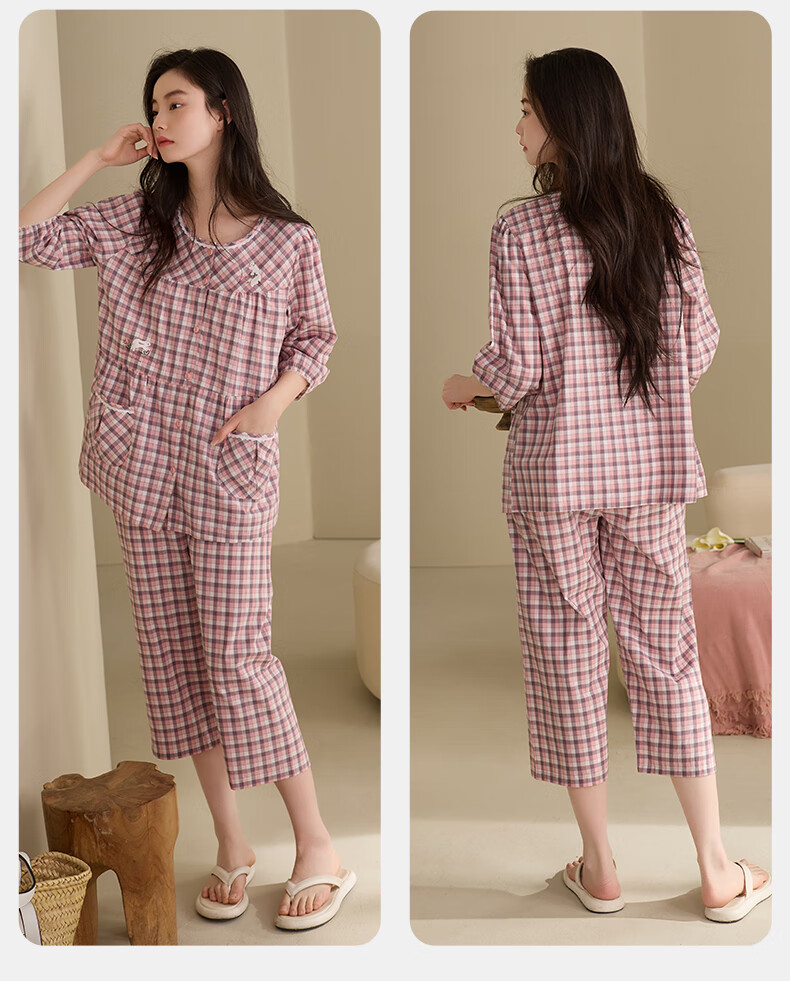 XULEN Women's Summer Pajamas Set with Woven Plaid Pure Cotton Three-Quarter Sleeves And Cropped Pants, Slimming Loungewear 17