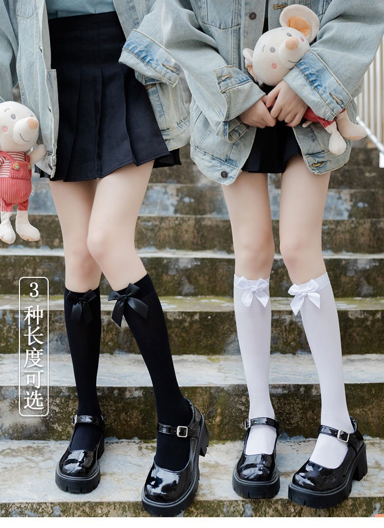 长筒袜女过膝jk制服丝袜白色蝴蝶结薄款日系少女小腿袜 yds-可爱甜系