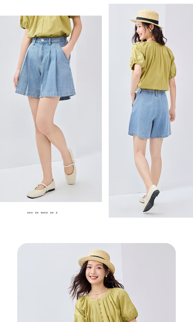 Giordano Women's Denim Shorts with High-Tech Cooling Pleated Fabric, Semi-Elastic Waistband, Lightweight Denim Pants 13405239 11