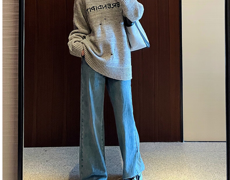 MEIYANG Spring Festival Denim Jeans, High-Waisted Straight Wide-Leg Floor-Length Pants [60 Series in Stock], Washed Blue, XL 11