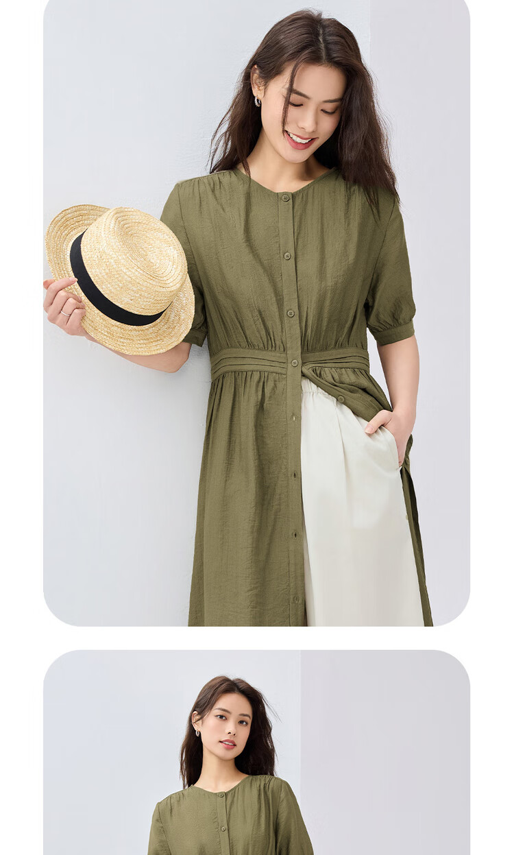Giordano Women's Summer New Simple Artistic Style Dress with Pleated Trim, Round Neck Short Sleeve Dress 05465078 17
