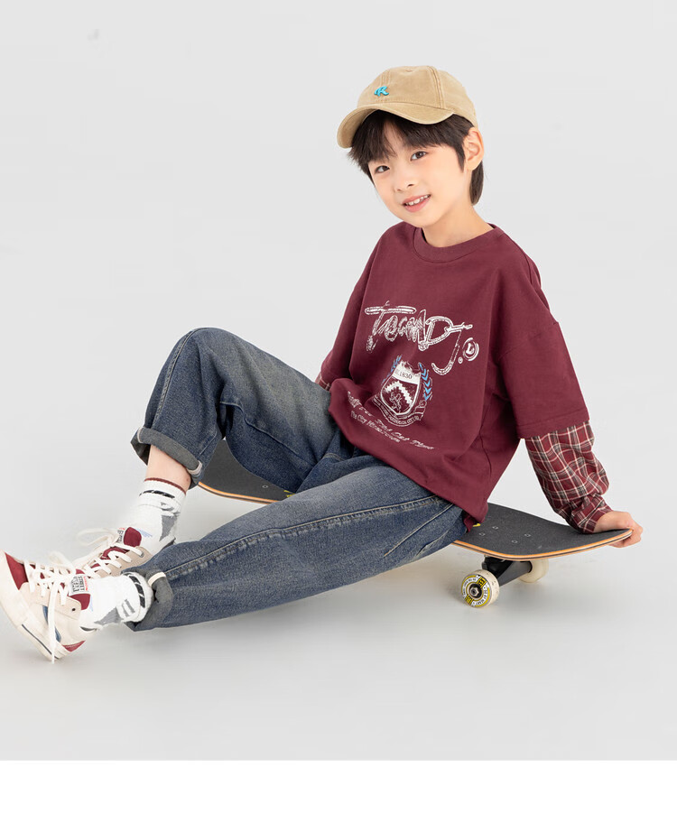Duoduojia Boys' Sweatshirt, Spring And Autumn Style, Patchwork Long Sleeve, Plaid Retro Print, Children's Faux Two-Piece, Korean-Style Academic Style Top 19