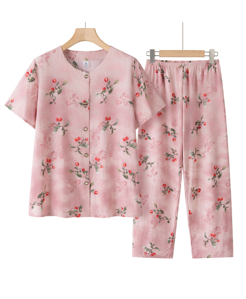 Fengxiao Middle-Aged and Elderly Women's Summer Cotton Silk Short Sleeve Set for 60-70 Year Olds Stylish Grandma Two-Piece Outfit 14