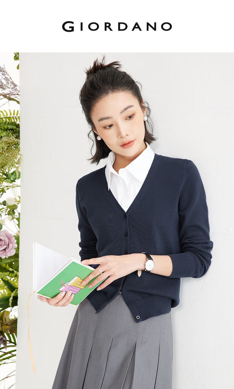 Giordano Knitted Cardigan for Women, Pure Cotton V-Neck Sweater, Women's Outerwear, Solid Color Jacket 05350649 3