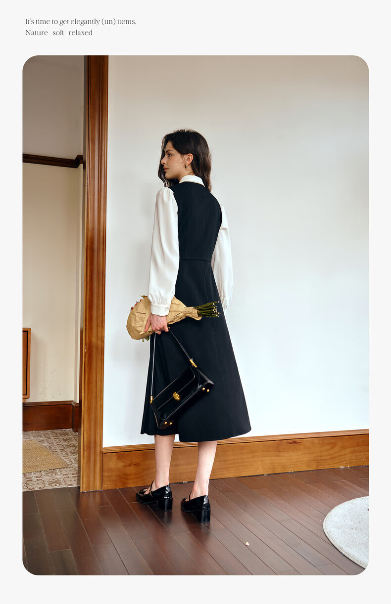 Olrain Elegant Color-Block Spliced Faux Two-Piece Dress Women Autumn New Long Sleeve Dress Black S 3