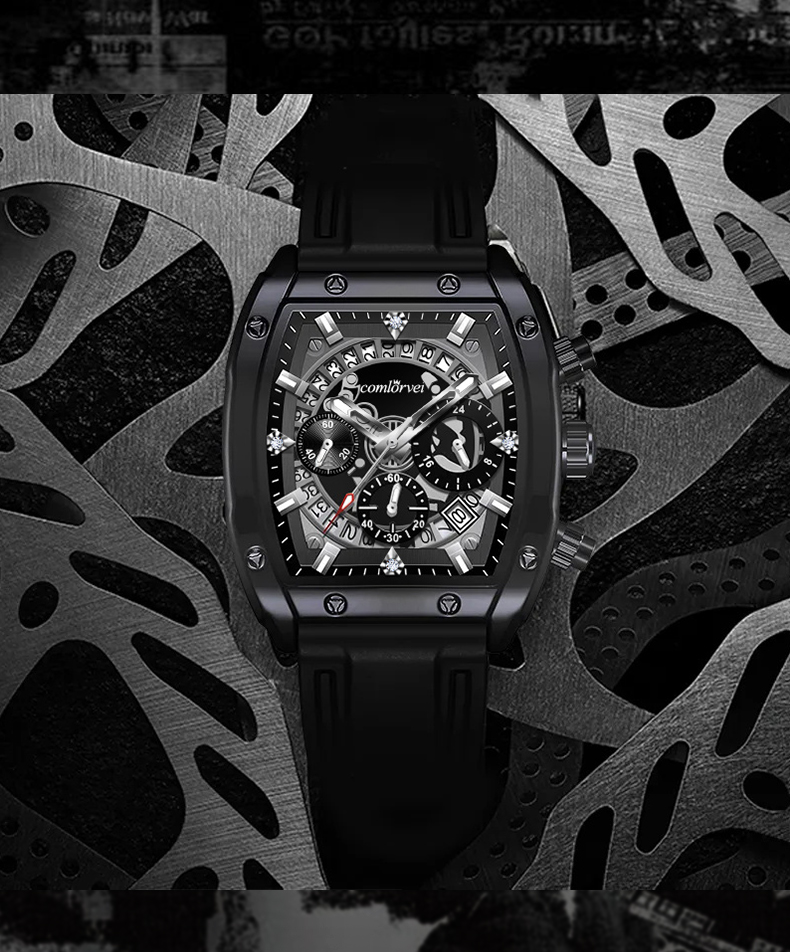 COMLORVEI Black Knight Series Trendy Men's Watch Three-Eye Six-Hand Multifunctional National Men's Watch Gift 682 6