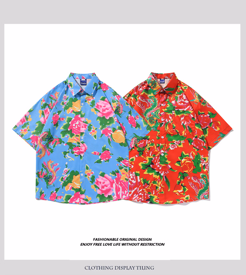 High-end Beach Short-sleeved Shirt For Men And Women, Loose And Thin In Summer, Hawaiian Beach Floral Five [KZD] 5122 Red M_viptrois.com