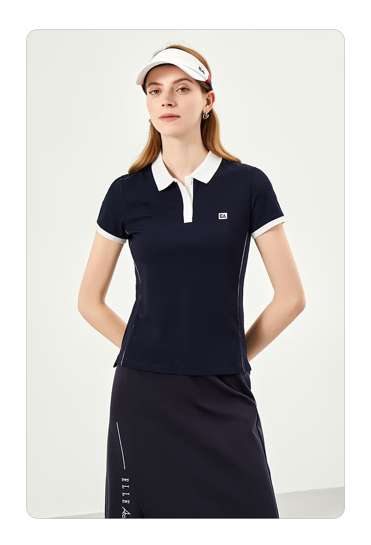 ELLE ACTIVE Fashion Slimming Color-Block Polo Shirt for Women Summer Short Sleeve Slim Fit Sports Casual Top Blue M 12