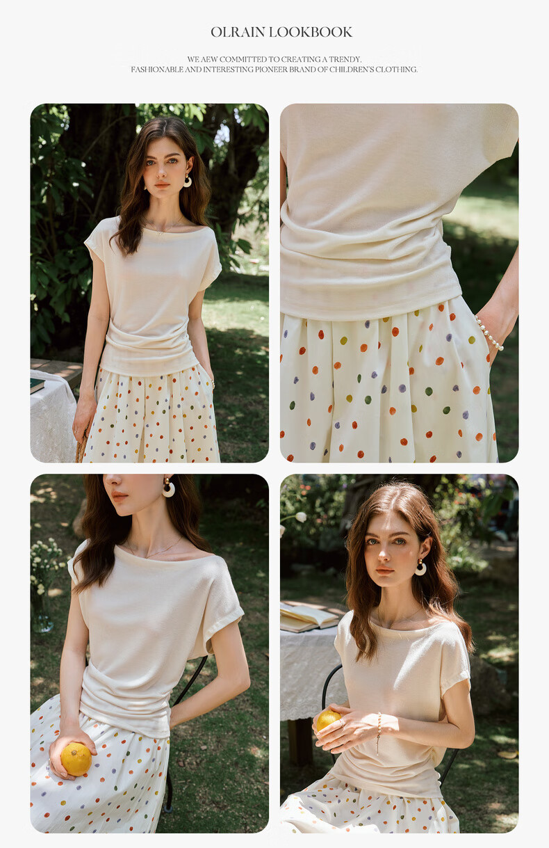 Olrain European Style Elegant Off-Shoulder Slim Fit T-Shirt Women Summer Slimming Youthful Top Apricot XL 9