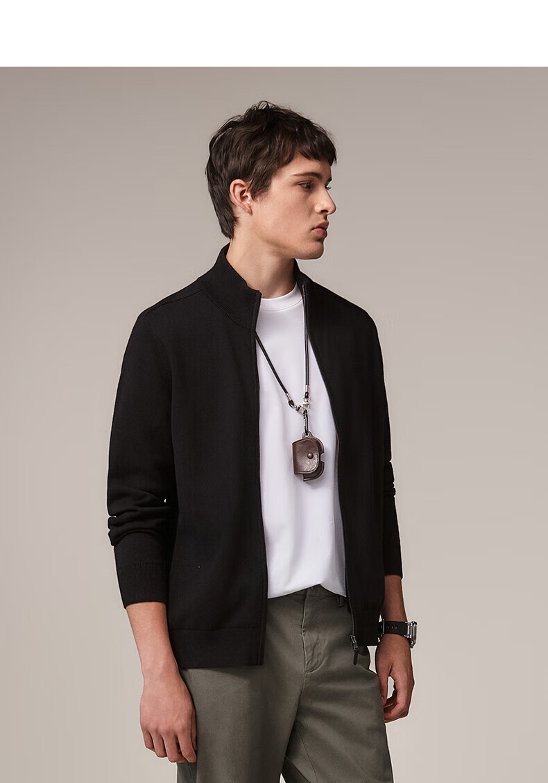 HAZZYS Men's Spring and Autumn Casual Stand Collar Zipper Pure Cotton Knit Cardigan ABYZD0CCX25 11